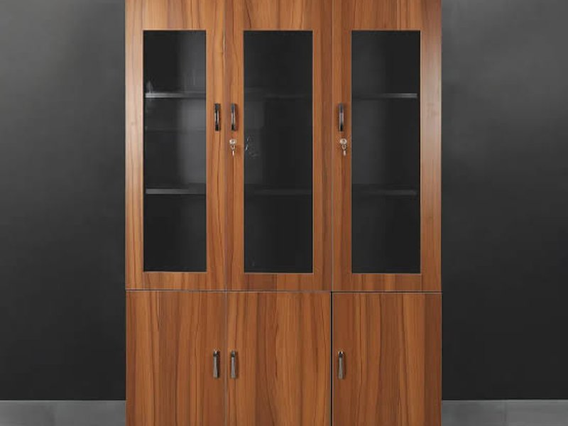 Wooden glass-door bookcase and cabinet unit